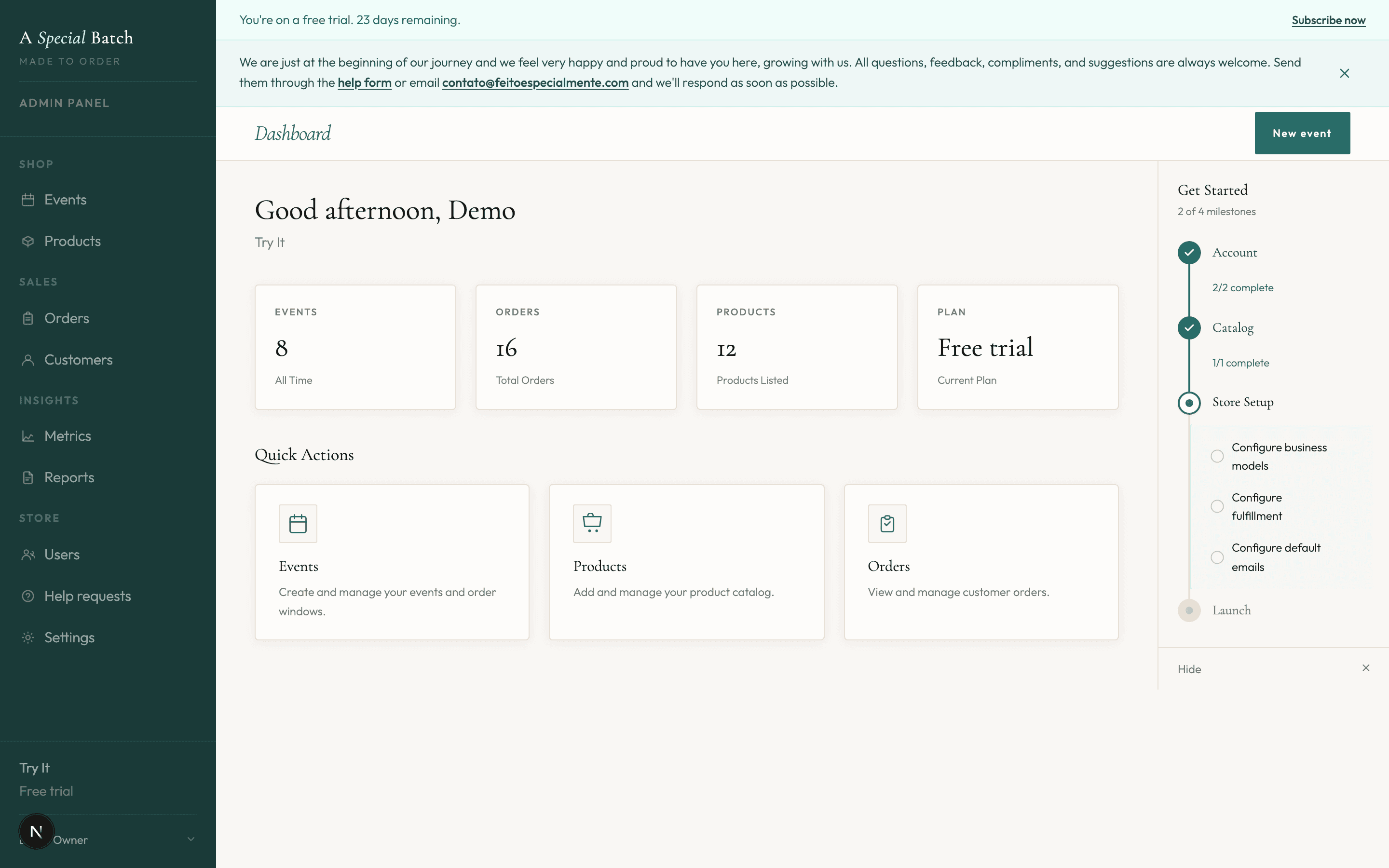 A Special Batch seller dashboard showing event count, total orders, products listed, current plan, and a getting-started checklist.
